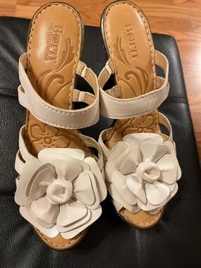 Born Cream Floral Leather Wedge Sandals